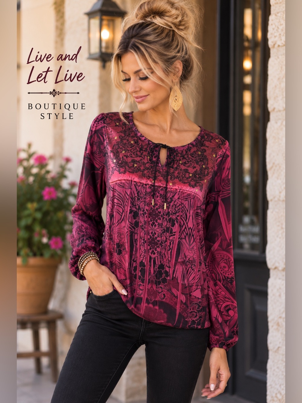 Live and Let Live XL Boho Purple Black Ornate Studded Tie Neck Blouse